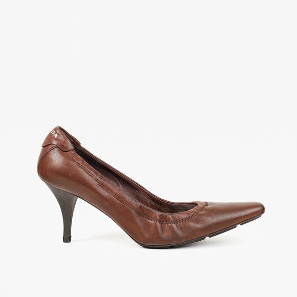 Prada Brown Leather Scrunch Pointed Toe Pumps - Picture 1 of 11
